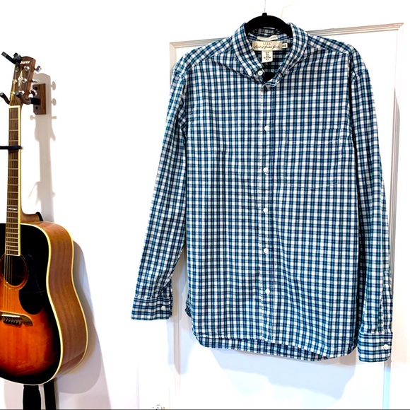✨ H&M Mens Navy and Green Plaid Button Down - M, Regular - Picture 1 of 9